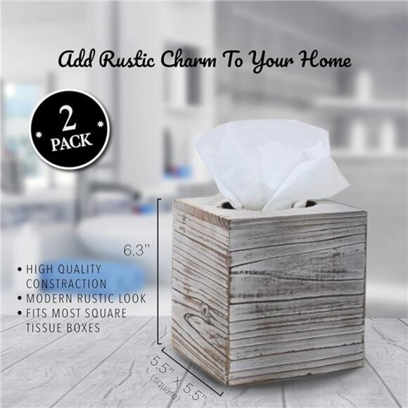 White Barnwood Tissue Box Cover: 2 Pack Tissue Box Holder Includes Slide-Out - Picture 10 of 16